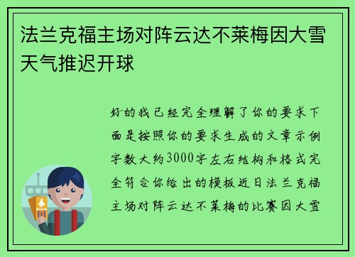 法兰克福主场对阵云达不莱梅因大雪天气推迟开球